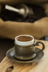 Closeup Turkish Coffee Served Traditional Cup 199x300